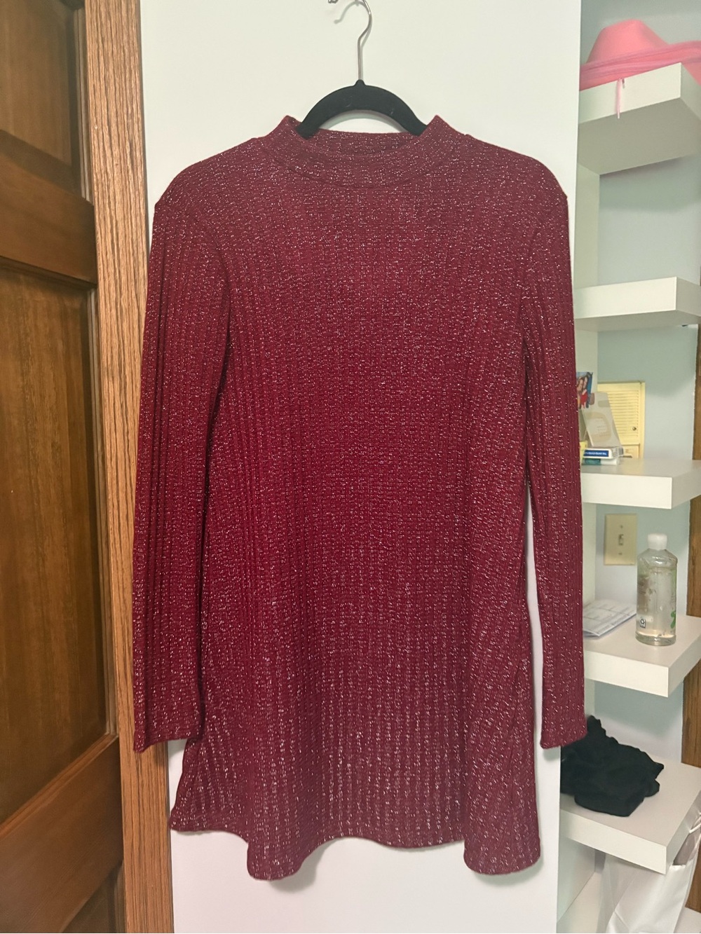 Women's Sparkle Long Sleeve Mock Neck Mini Dress in Burgundy Maroon - Winter Fit